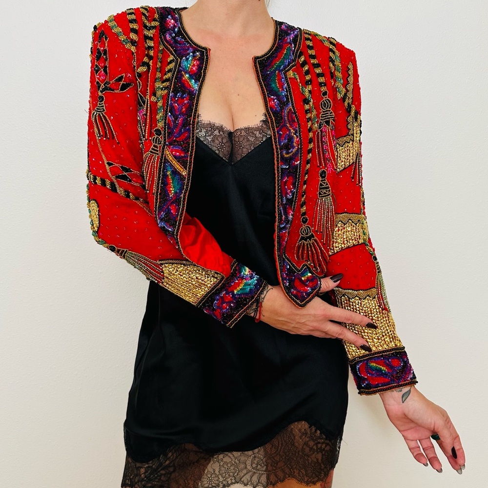 Vintage 90s Niteline Della Roufogali Silk Beaded Jacket with Tassel Design